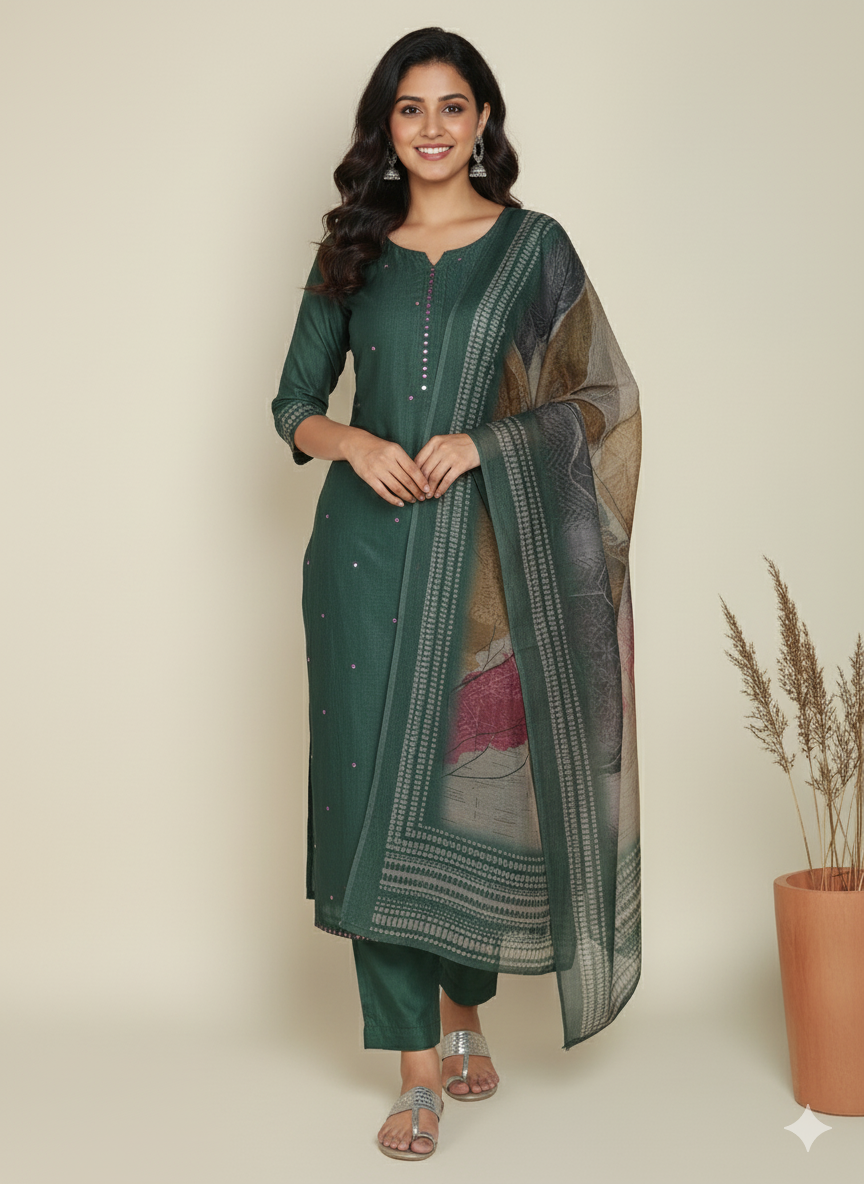 Green Chanderi Silk Embellished Unstitched Dress Material (3 Pc)