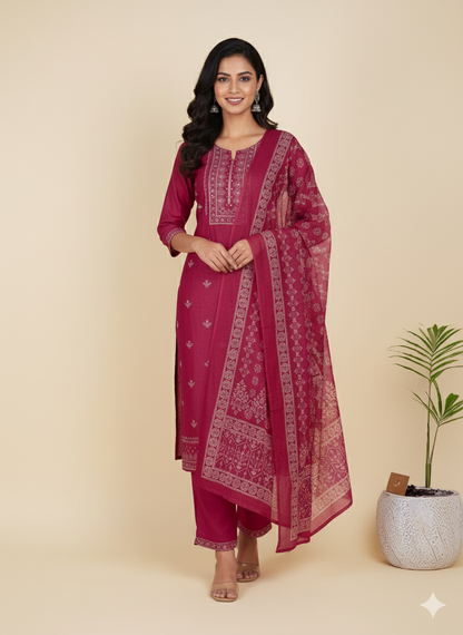 Pink Chanderi Silk Embellished Unstitched Dress Material (3 Pc)