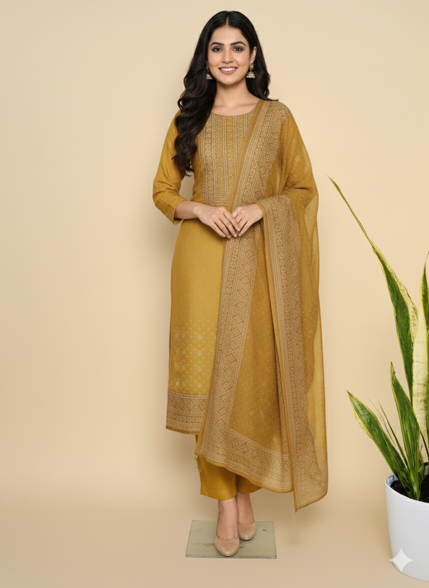 Yellow Chanderi Silk Embellished Unstitched Dress Material (3 Pc)