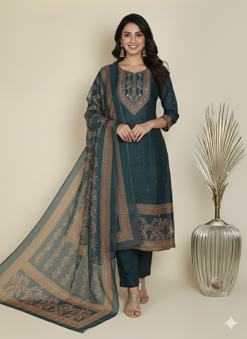 Teal Blue Chanderi Silk Embellished Unstitched Dress Material (3 Pc)