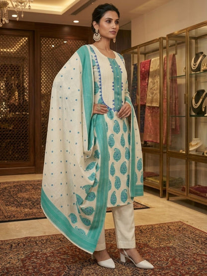 Cream And Turquoise Banarasi Chanderi Silk Kurta & Dupatta