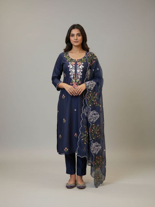 Tissue Embroidered Blue Unstitched Dress Material With Dupatta