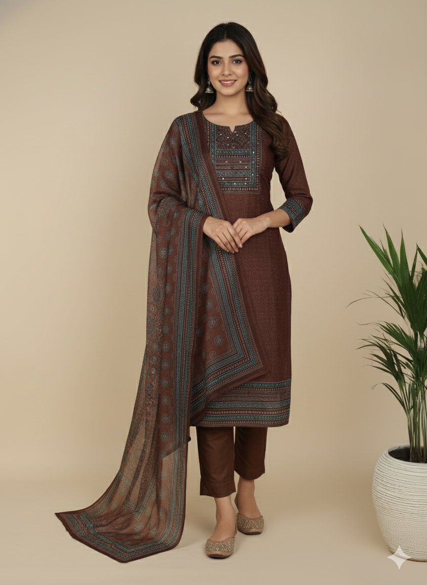 Brown Chanderi Silk Embellished Unstitched Dress Material (3 Pc)