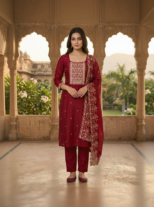 Raw Silk Embroidered Maroon Unstitched Dress Material With Dupatta