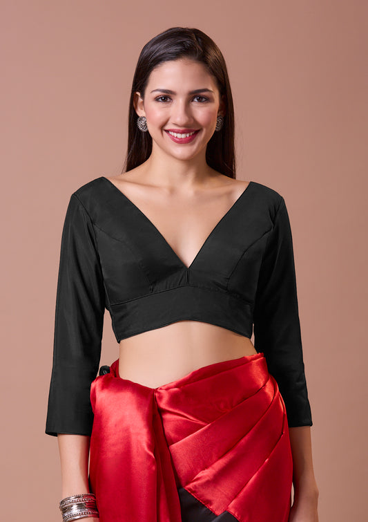 Black Silk Plunging V Neck Readymade Blouse