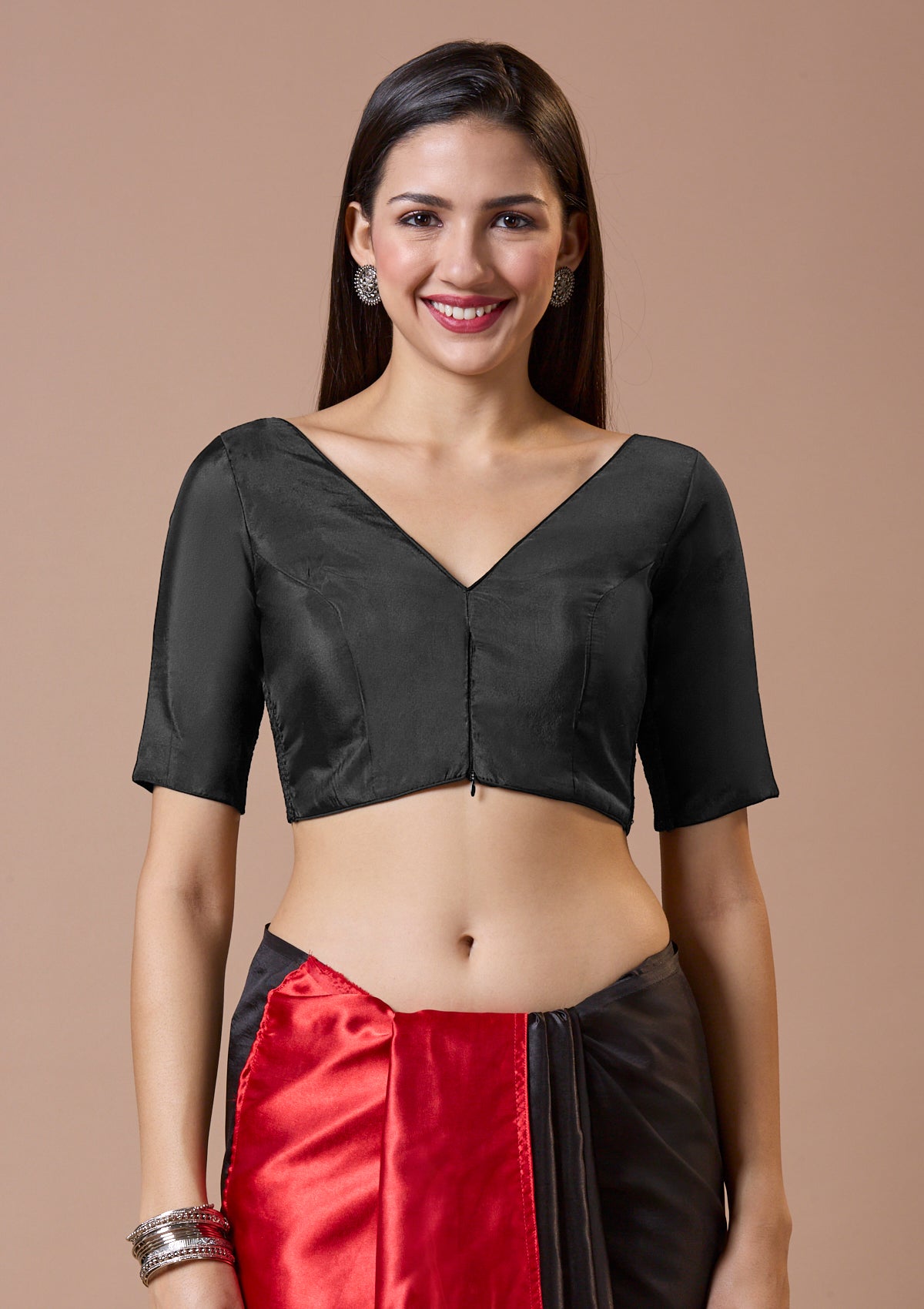 Black Silk V Neck Comfort Fit Readymade Blouse