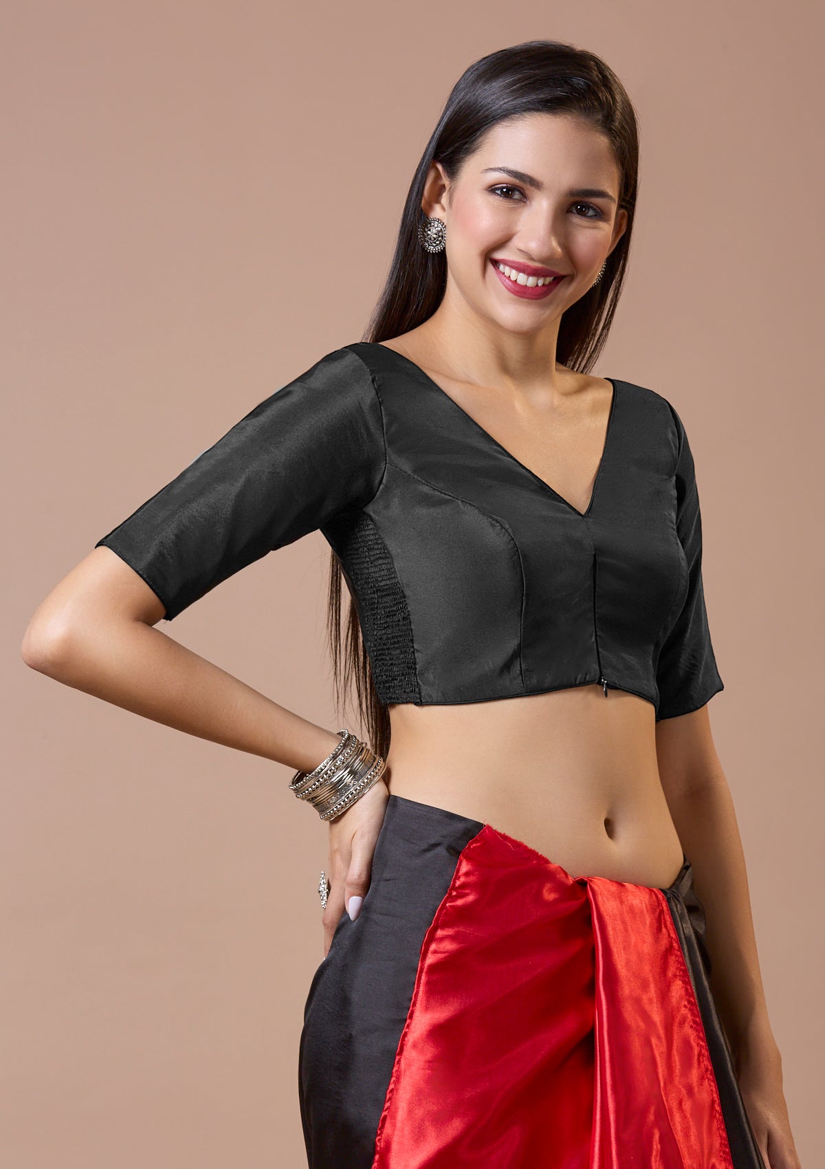 Black Silk V Neck Comfort Fit Readymade Blouse