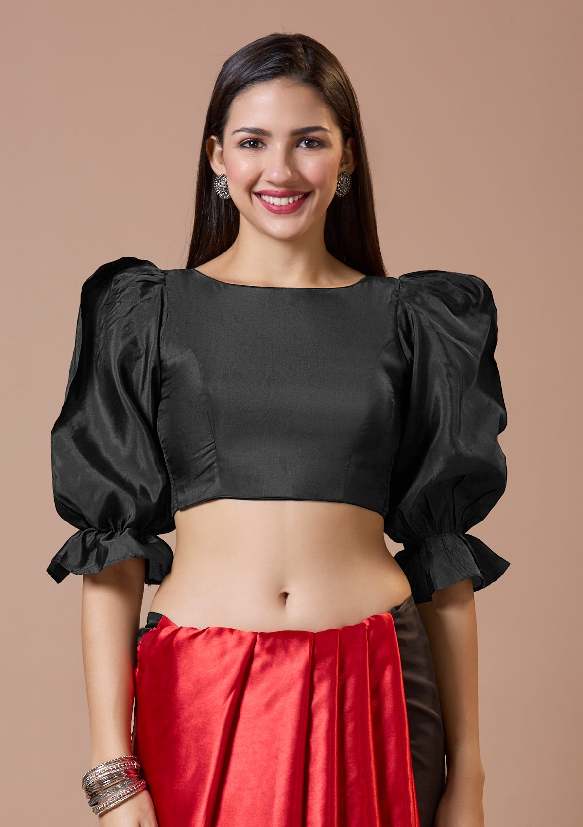 Black Silk Boat Neck Comfort Fit Readymade Blouse