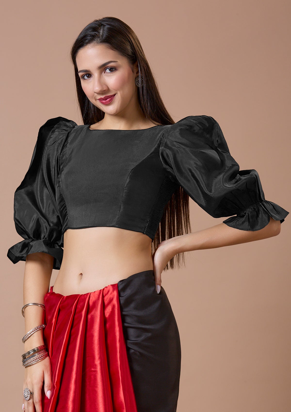 Black Silk Boat Neck Comfort Fit Readymade Blouse