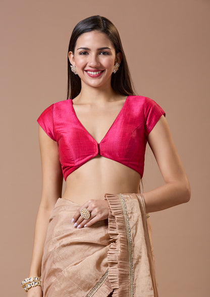 Pink Silk V Neck Readymade Blouse With Short Sleeves