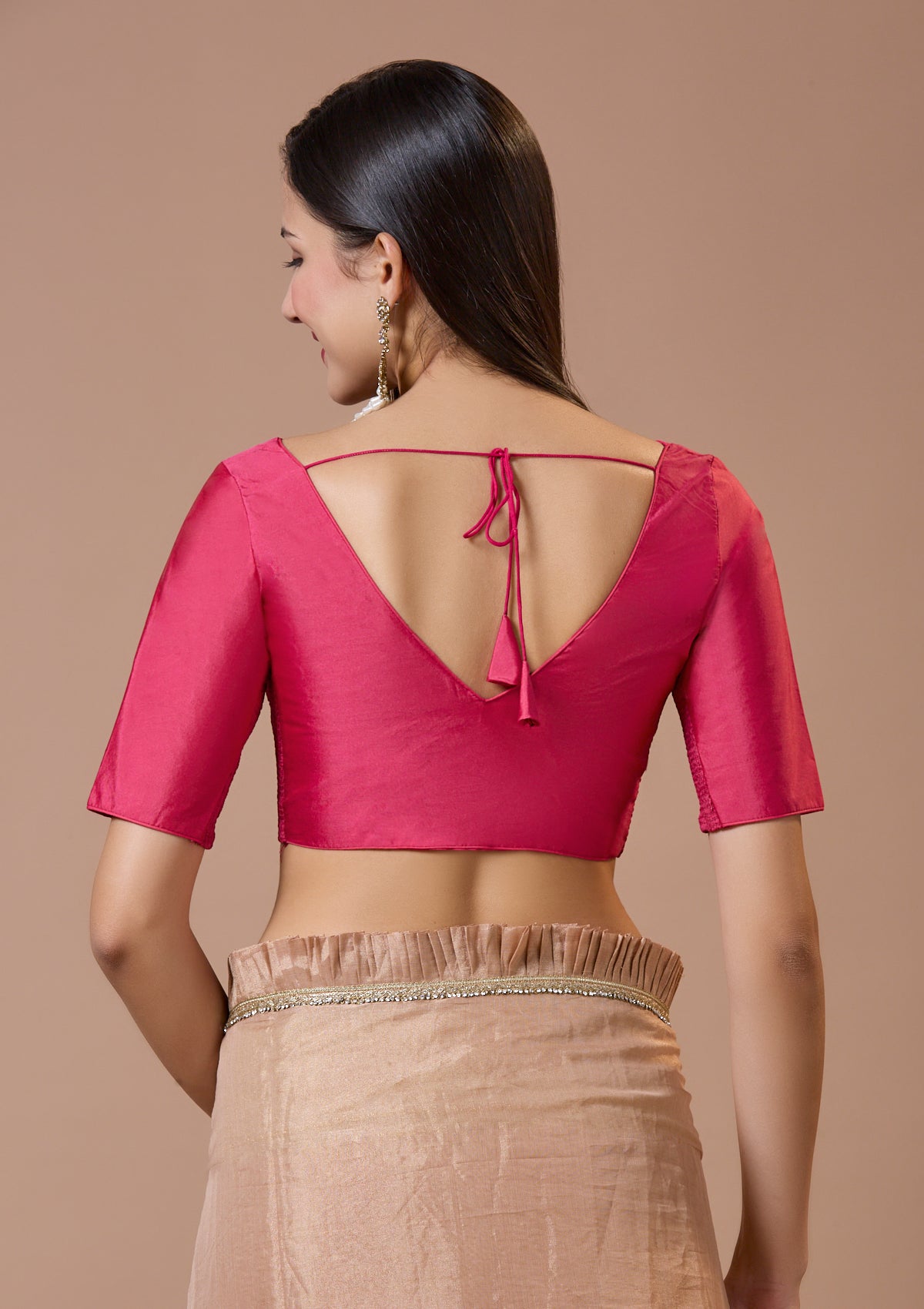 Pink Silk V Neck Comfort Fit Readymade Blouse