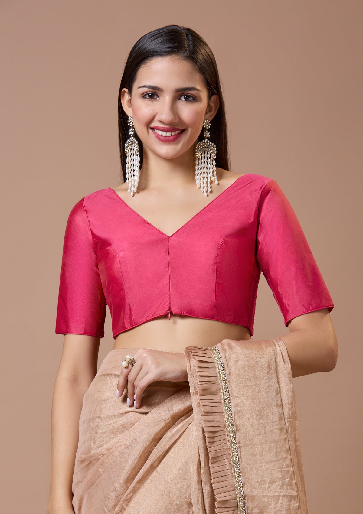 Pink Silk V Neck Comfort Fit Readymade Blouse