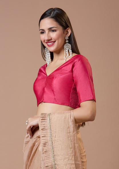 Pink Silk V Neck Comfort Fit Readymade Blouse