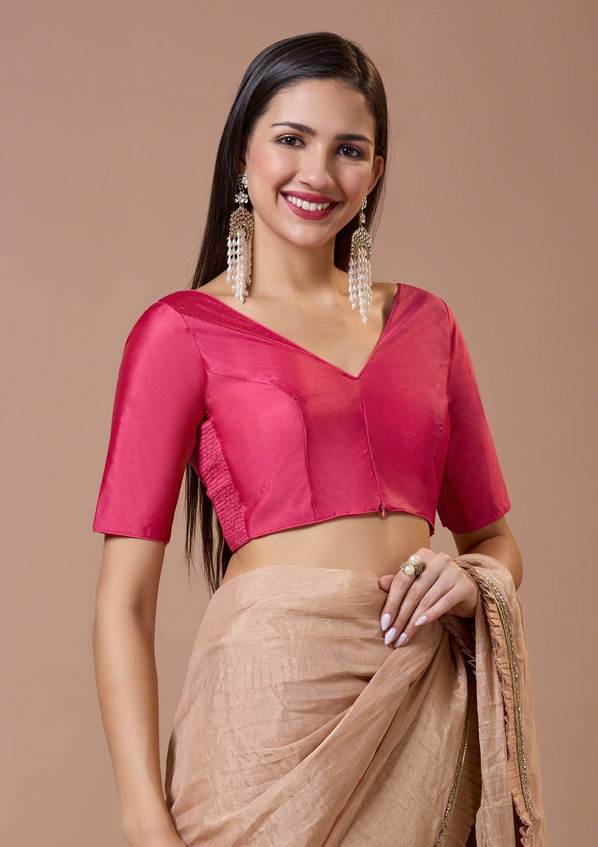 Pink Silk V Neck Comfort Fit Readymade Blouse