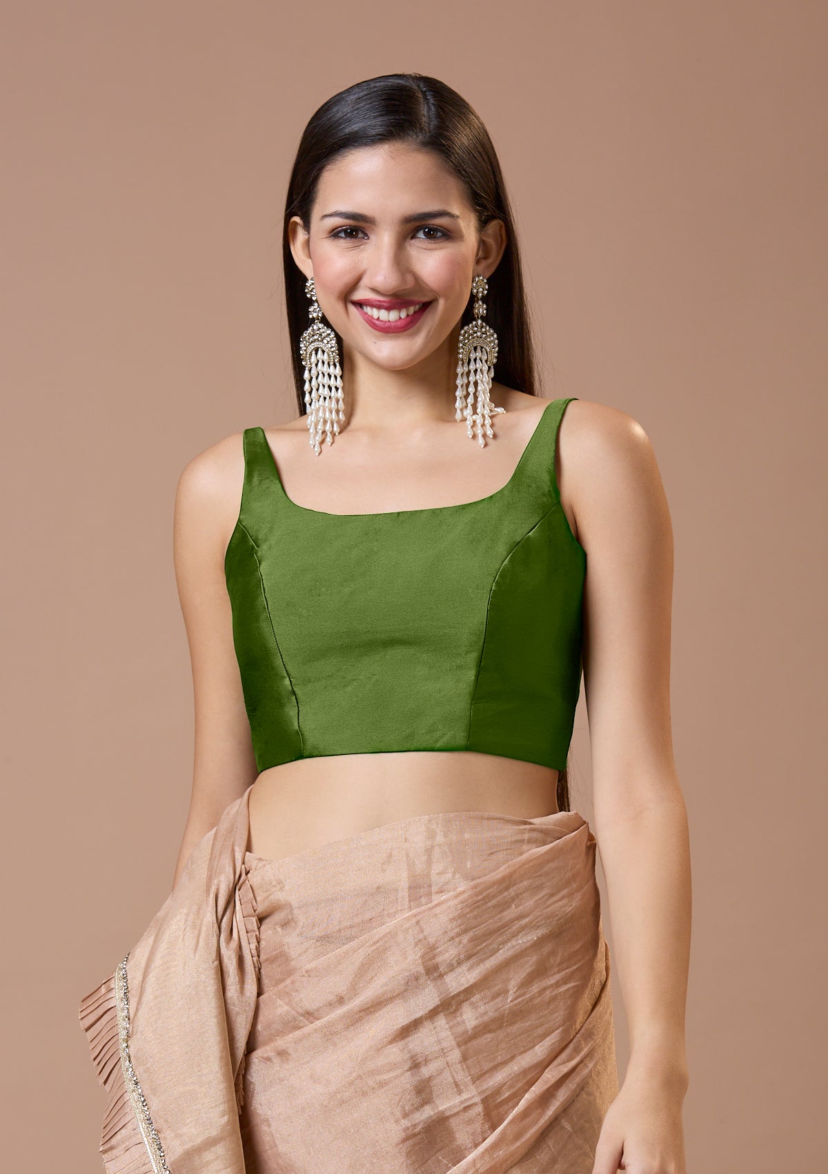 Green Silk Sleeveless Padded Readymade Blouse