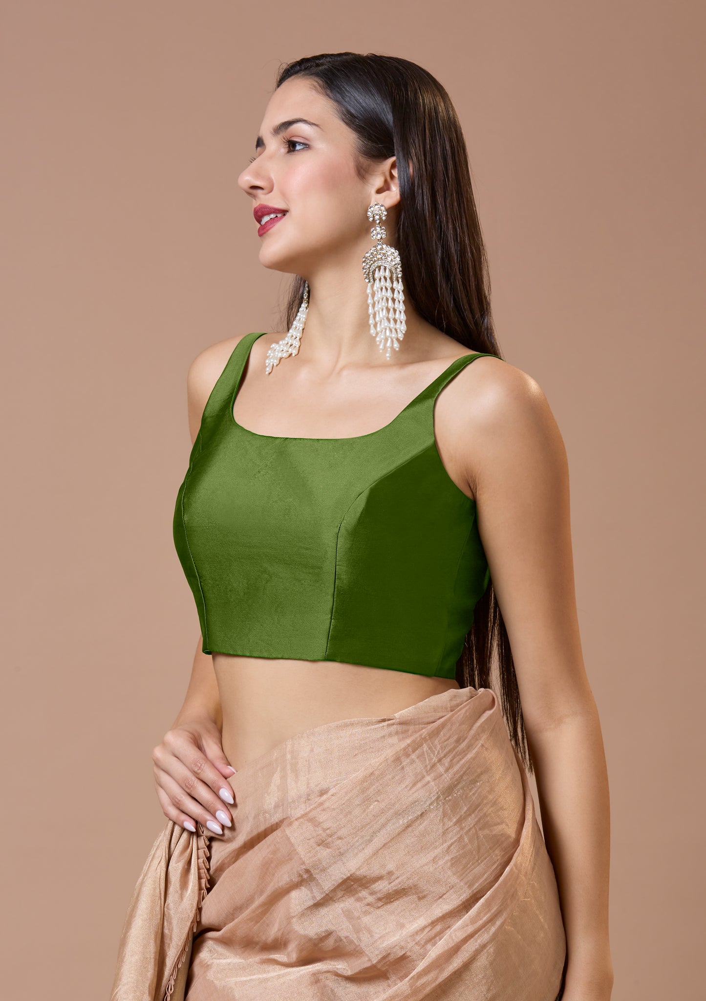 Green Silk Sleeveless Padded Readymade Blouse