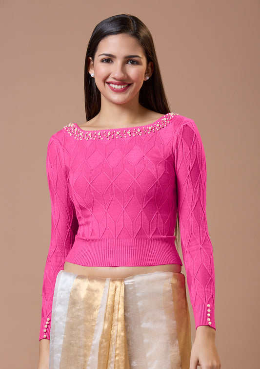 Pink Round Neck Full Sleeves Readymade Blouse For Winter With Embroidery