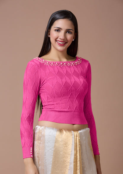 Pink Round Neck Full Sleeves Readymade Blouse For Winter With Embroidery