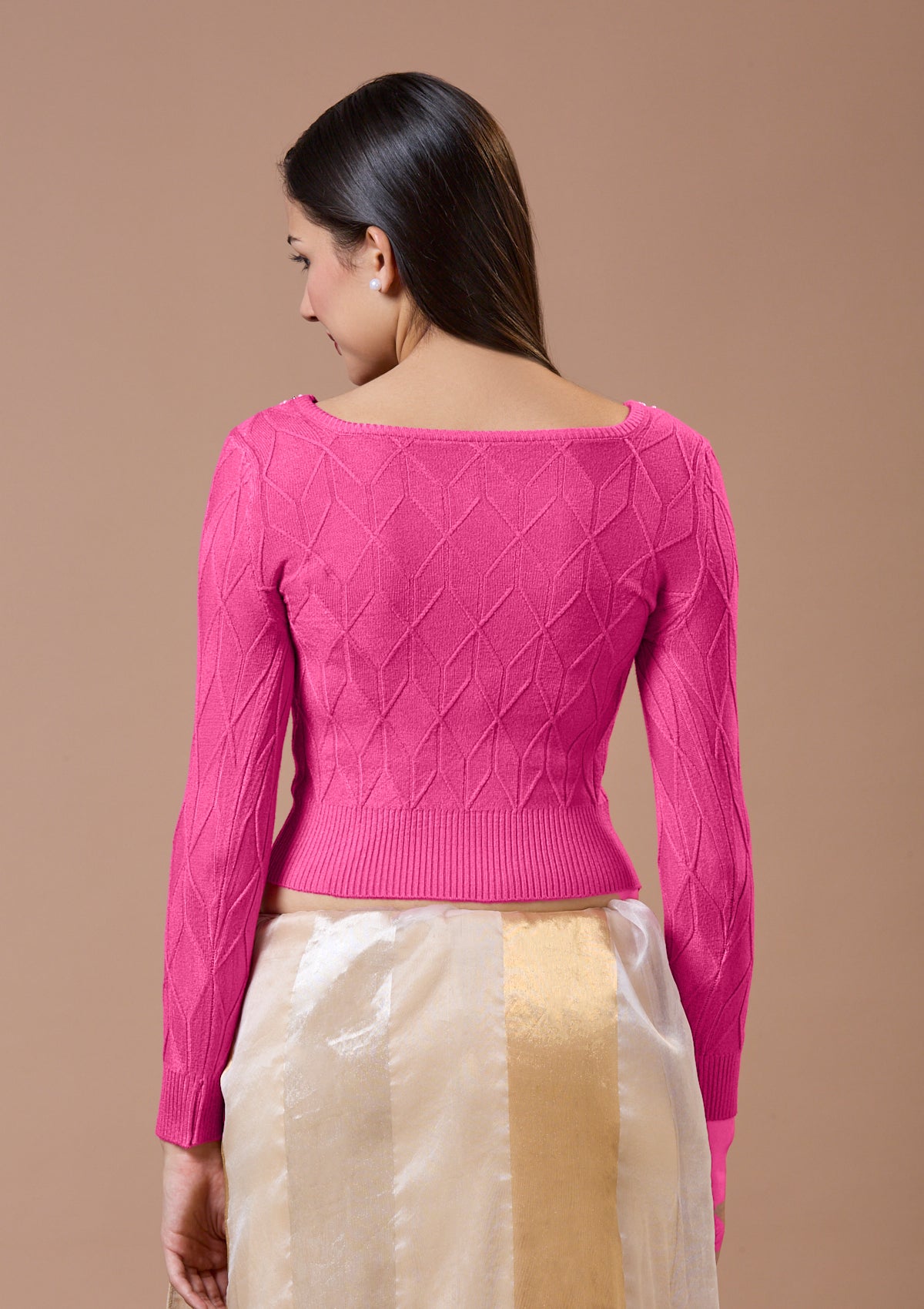 Pink Round Neck Full Sleeves Readymade Blouse For Winter With Embroidery