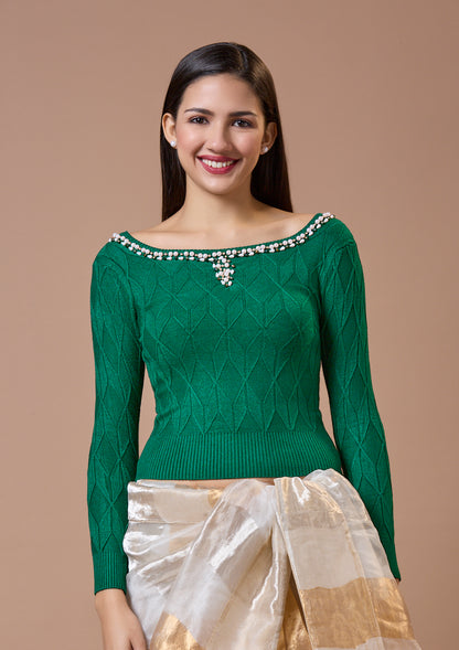 Green Round Neck Full Sleeves Readymade Blouse For Winter With Embroidery