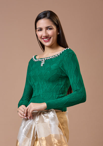 Green Round Neck Full Sleeves Readymade Blouse For Winter With Embroidery