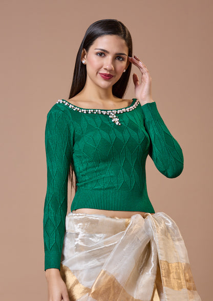 Green Round Neck Full Sleeves Readymade Blouse For Winter With Embroidery