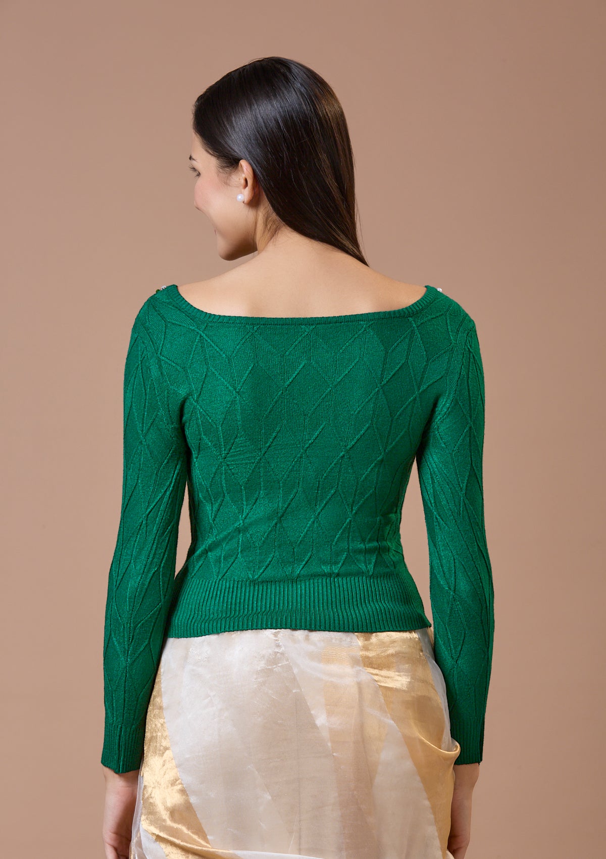 Green Round Neck Full Sleeves Readymade Blouse For Winter With Embroidery