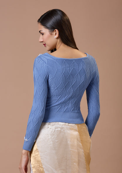 Blue Round Neck Full Sleeves Readymade Blouse For Winter With Embroidery