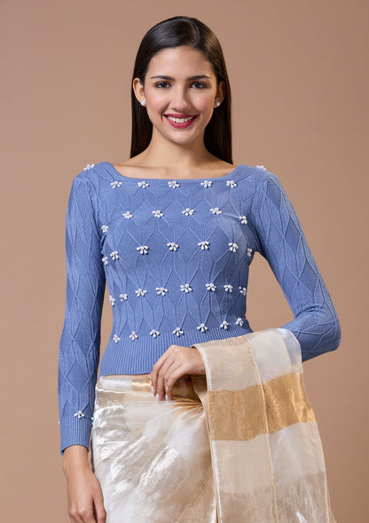 Blue Round Neck Full Sleeves Readymade Blouse For Winter With Embroidery