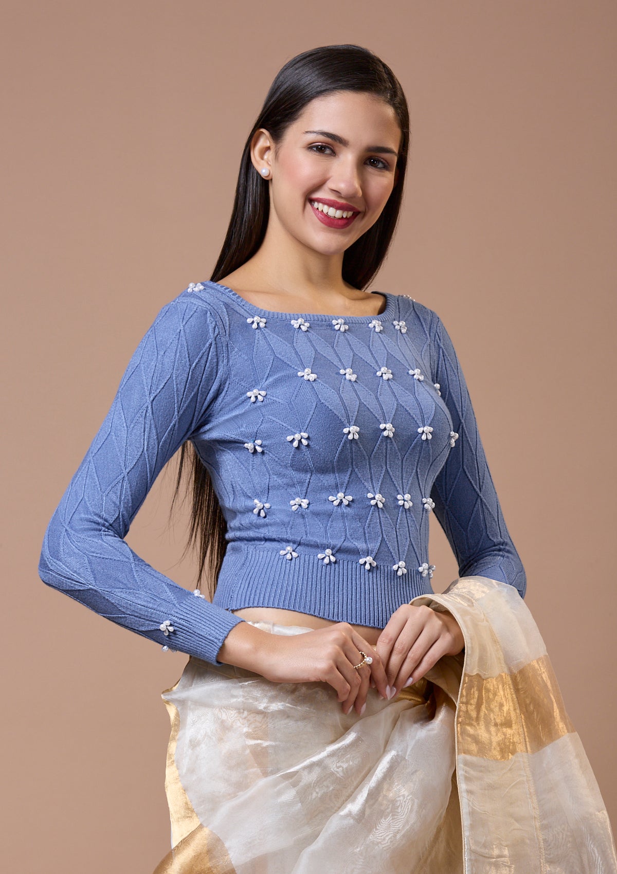 Blue Round Neck Full Sleeves Readymade Blouse For Winter With Embroidery