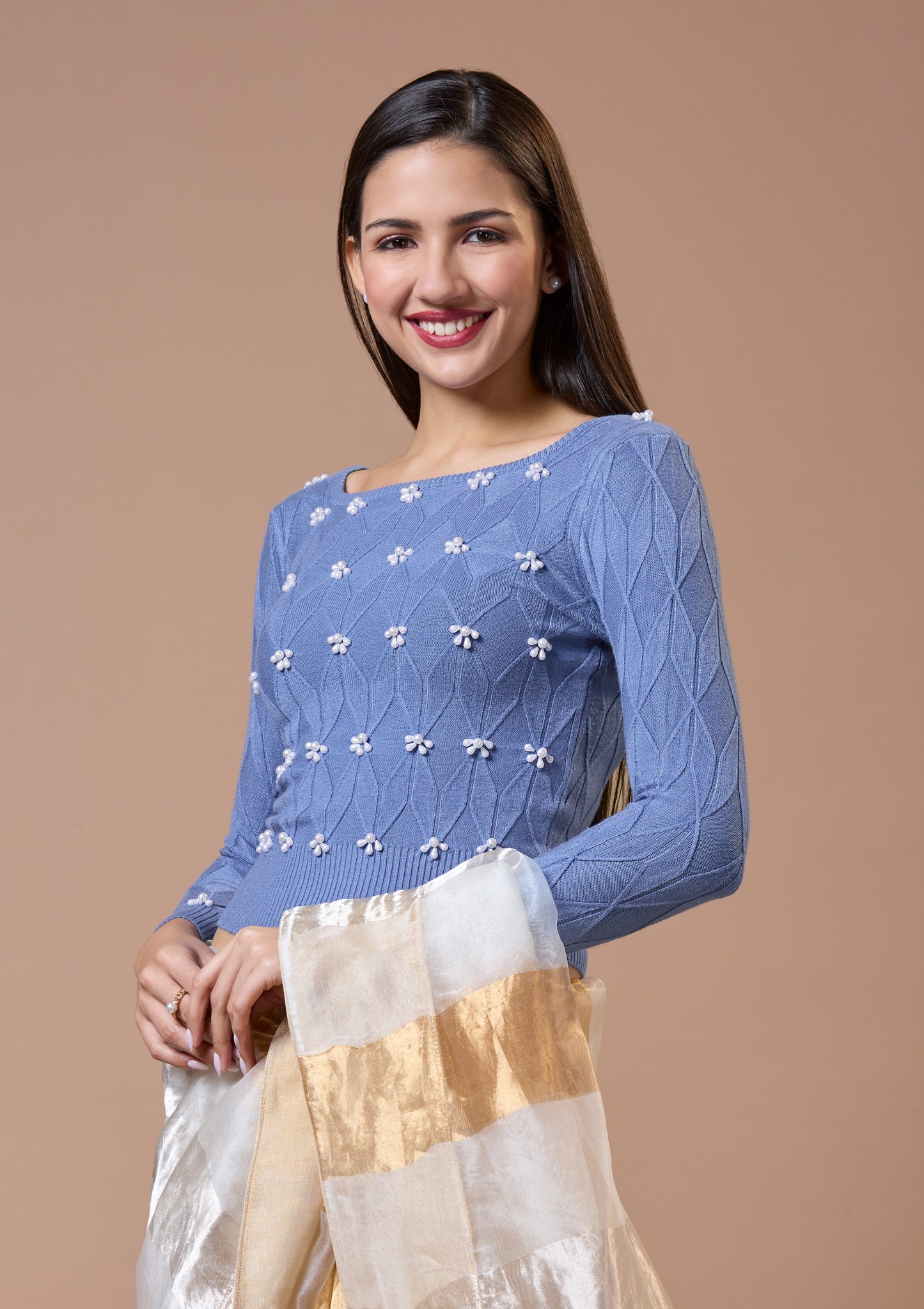 Blue Round Neck Full Sleeves Readymade Blouse For Winter With Embroidery