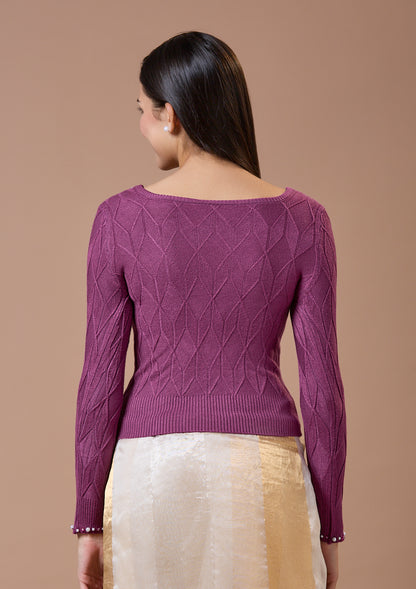 Purple Round Neck Full Sleeves Readymade Blouse For Winter With Embroidery