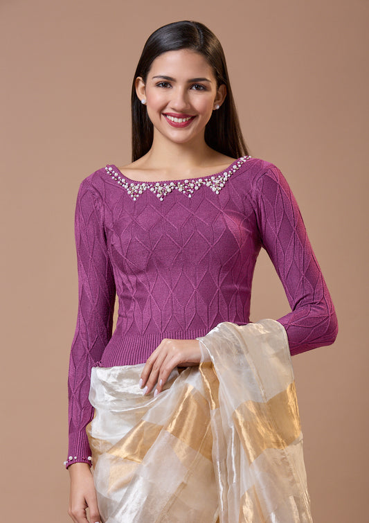 Purple Round Neck Full Sleeves Readymade Blouse For Winter With Embroidery