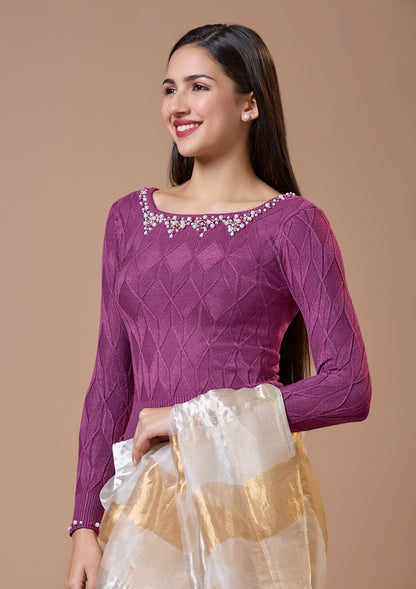 Purple Round Neck Full Sleeves Readymade Blouse For Winter With Embroidery