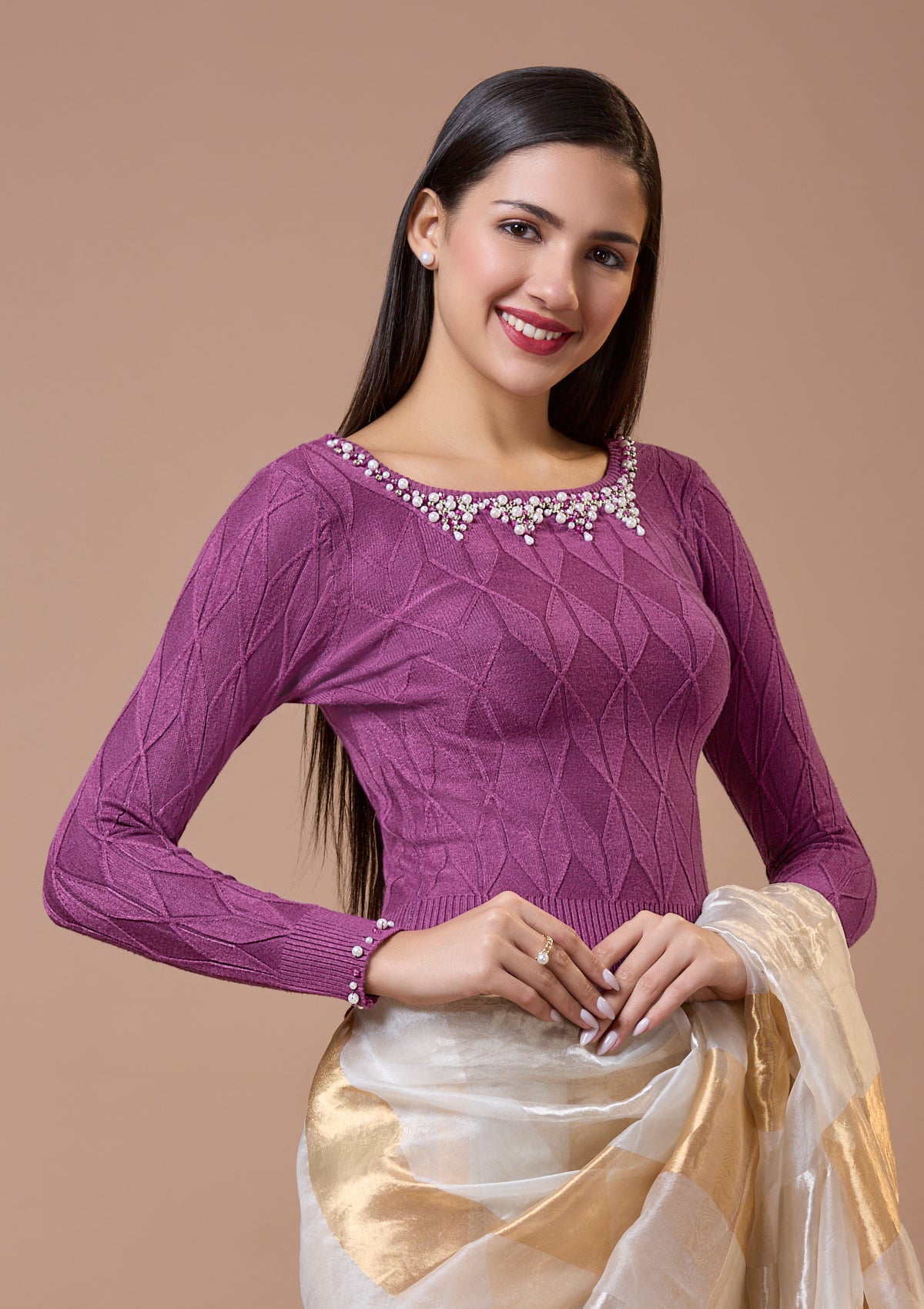 Purple Round Neck Full Sleeves Readymade Blouse For Winter With Embroidery