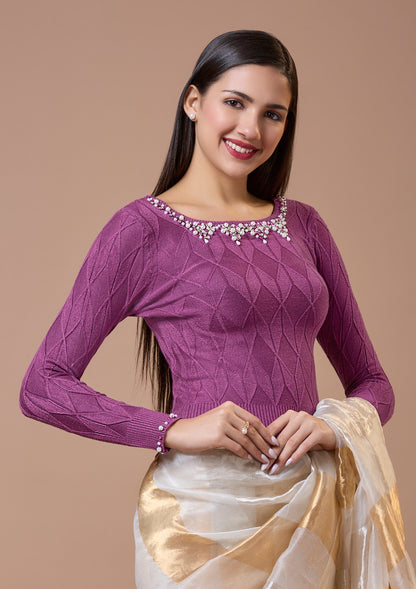 Purple Round Neck Full Sleeves Readymade Blouse For Winter With Embroidery