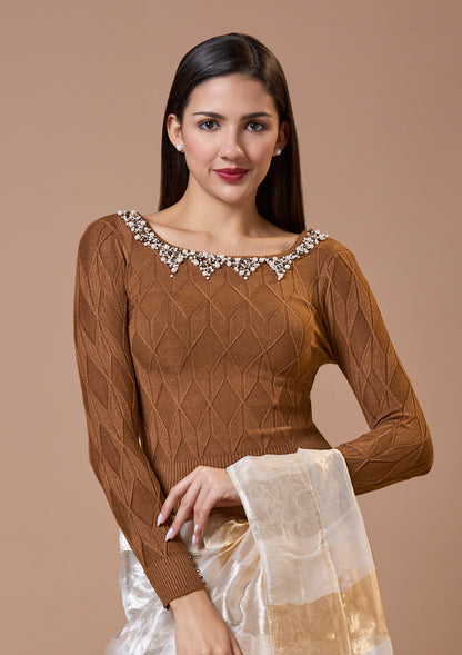 Brown Round Neck Full Sleeves Readymade Blouse For Winter With Embroidery