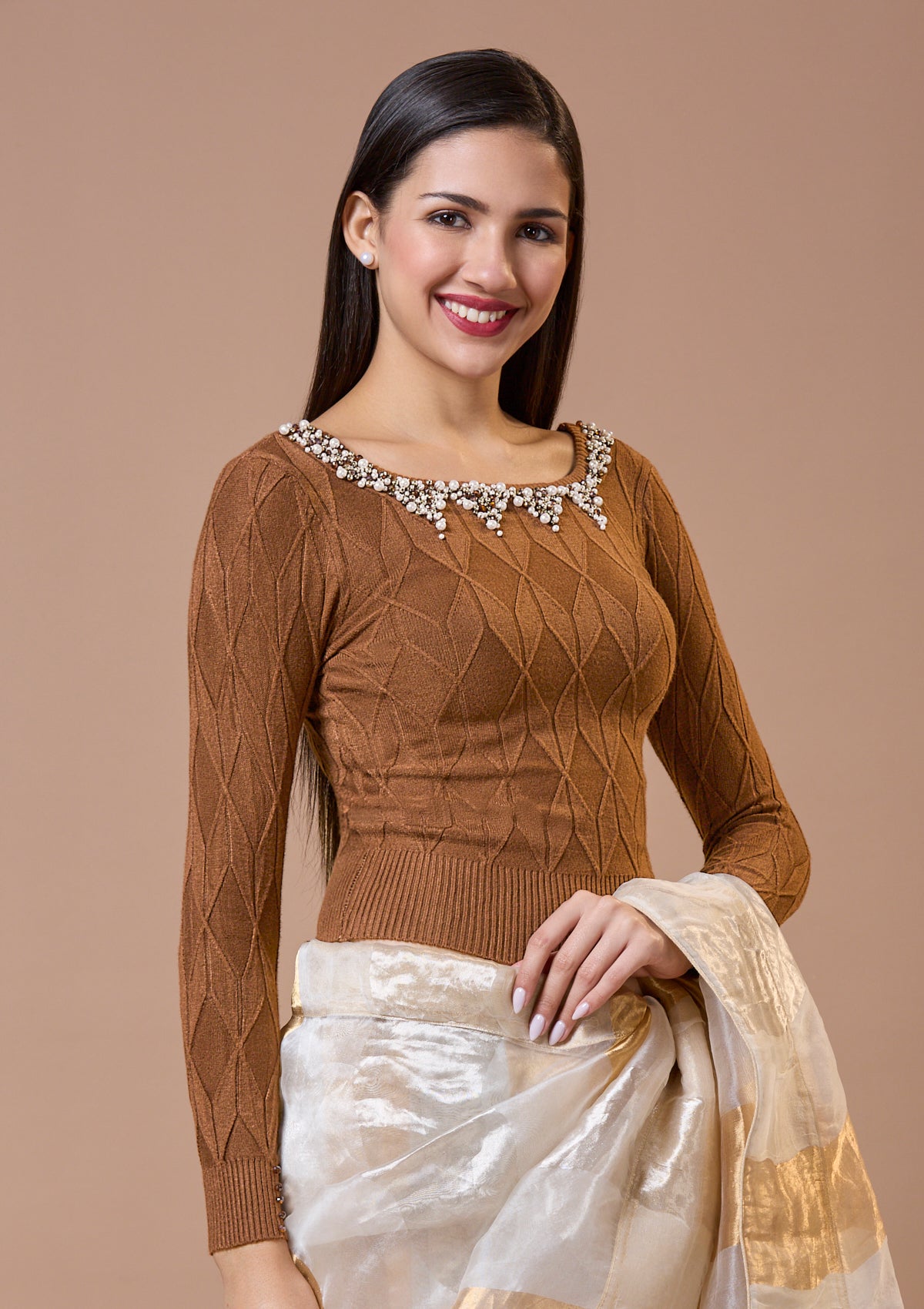 Brown Round Neck Full Sleeves Readymade Blouse For Winter With Embroidery