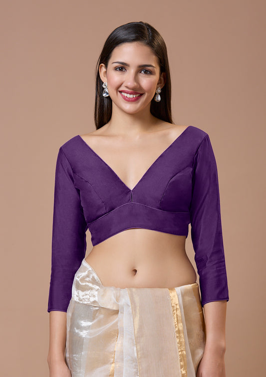 Purple Silk Plunging V Neck Readymade Blouse