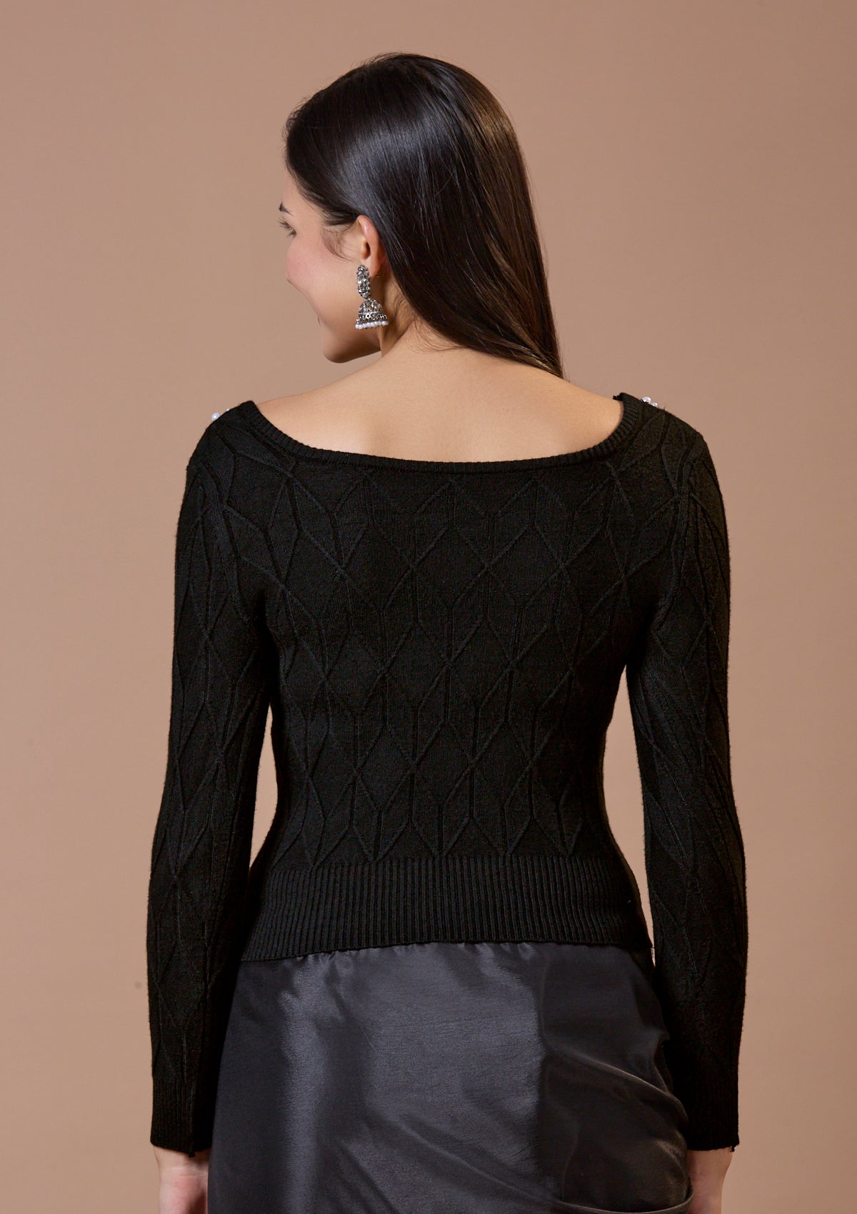 Black Round Neck Full Sleeves Readymade Blouse For Winter With Embroidery