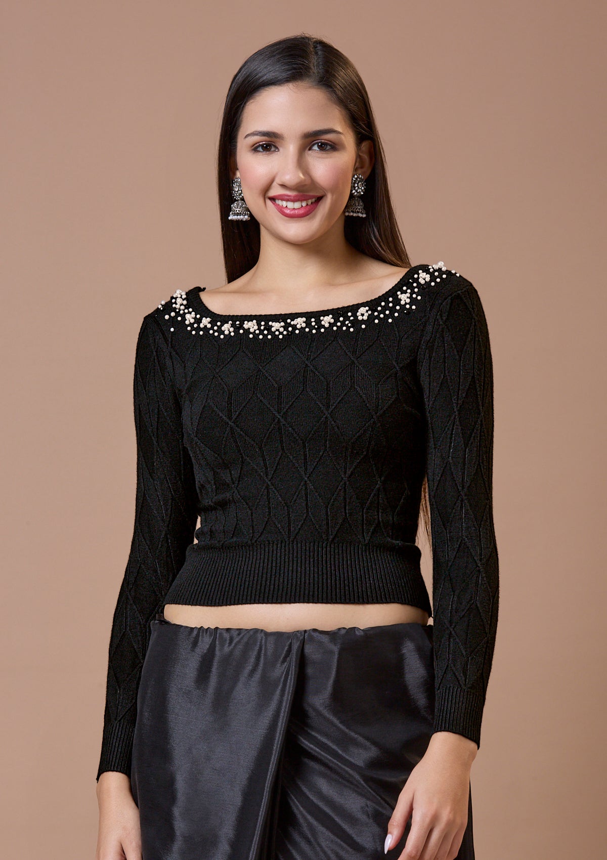 Black Round Neck Full Sleeves Readymade Blouse For Winter With Embroidery