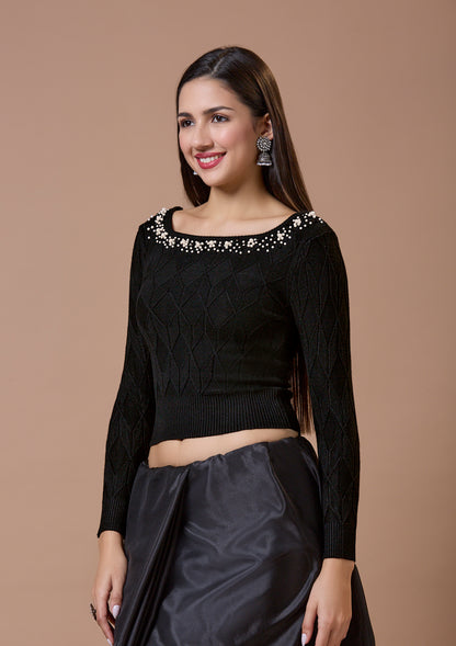 Black Round Neck Full Sleeves Readymade Blouse For Winter With Embroidery