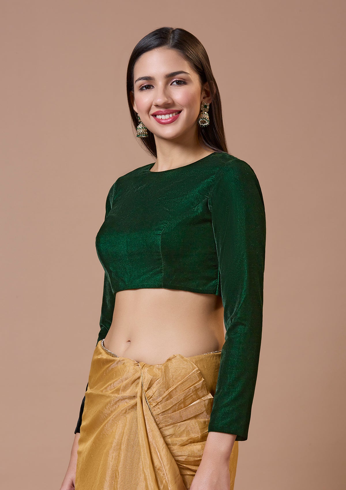 Green Round Neck Full Sleeves Velvet Readymade Blouse For Winter