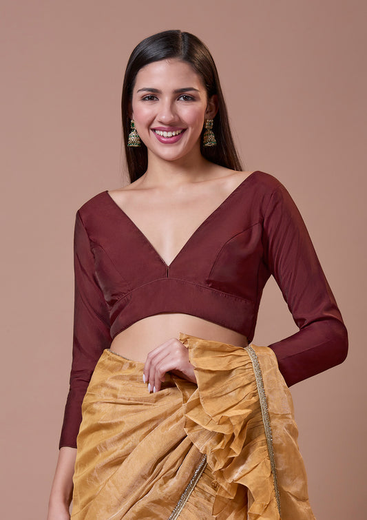 Maroon Silk Plunging V Neck Readymade Blouse