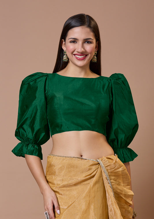 Green Silk Boat Neck Comfort Fit Readymade Blouse