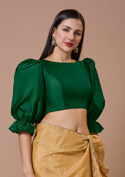 Green Silk Boat Neck Comfort Fit Readymade Blouse