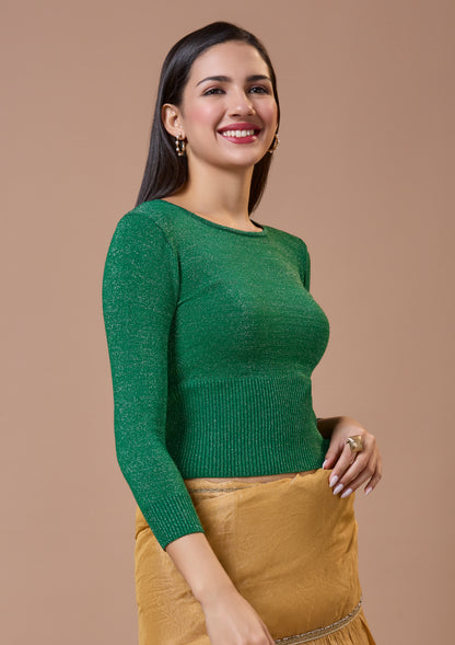 Green Round Neck Full Sleeves Readymade Blouse For Winter