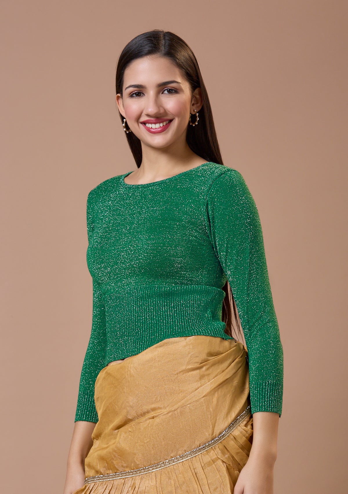 Green Round Neck Full Sleeves Readymade Blouse For Winter