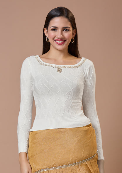 White Round Neck Full Sleeves Readymade Blouse For Winter With Embroidery