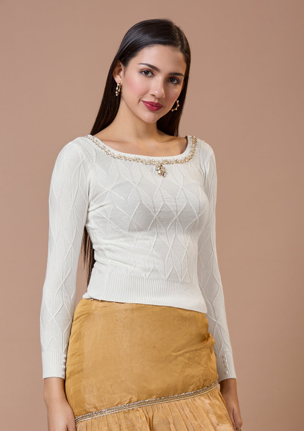 White Round Neck Full Sleeves Readymade Blouse For Winter With Embroidery